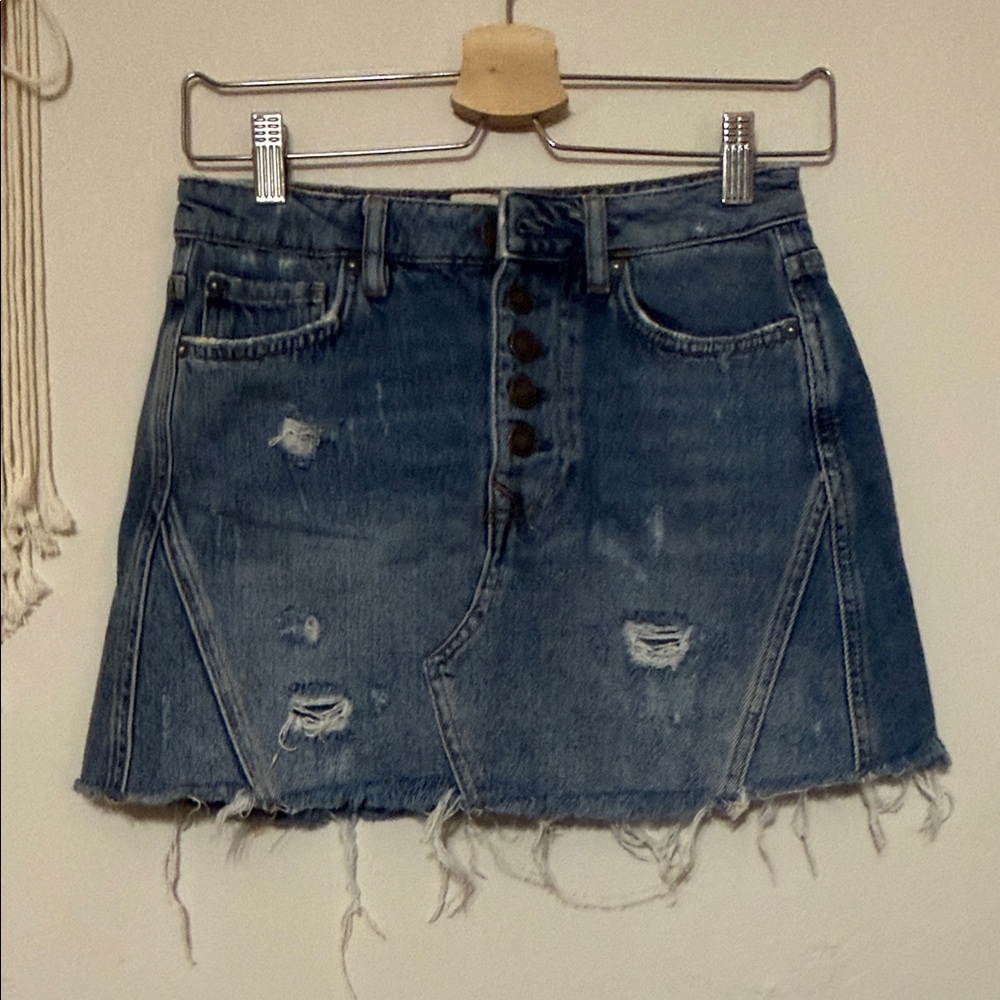 We The Free Distressed Blue Denim Mini Skirt